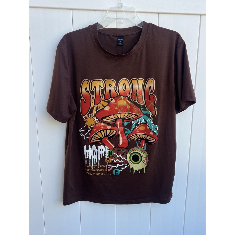 ROMWE Psychedelic Mushroom T-Shirt Men’s Small Brown Trippy Graphic Tee NWOT